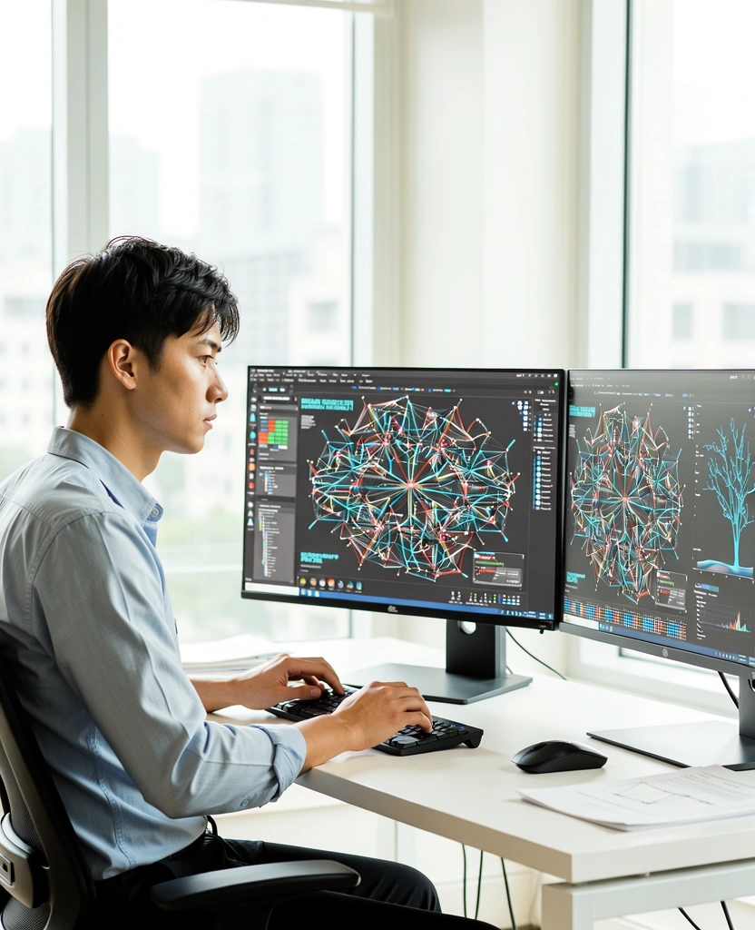 Paxazq 사무실에서의 데이터 분석 작업